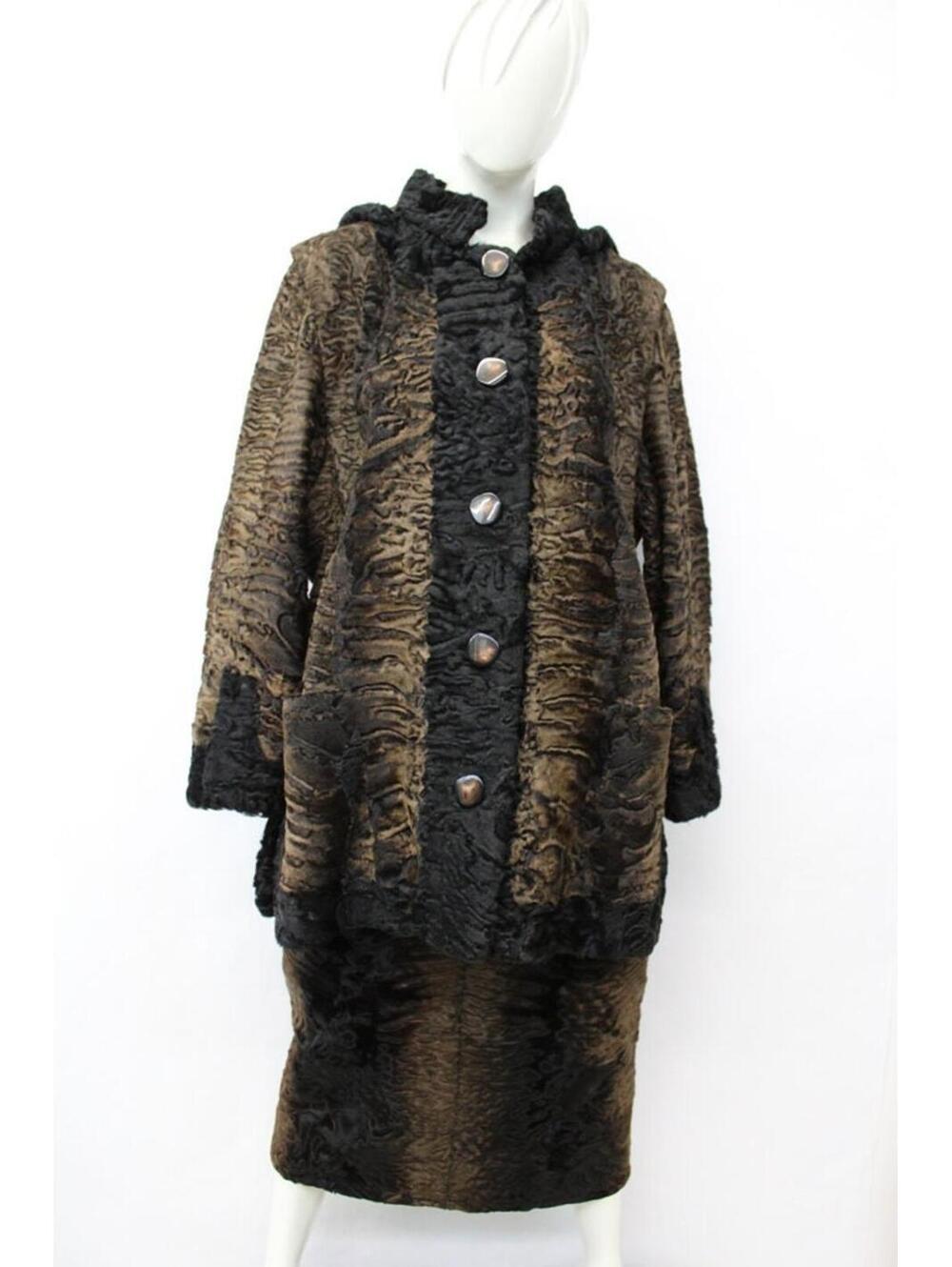 Excellent Hornback Brown Swakara Fur Jacket & Skirt Suit Women Woman Size 8